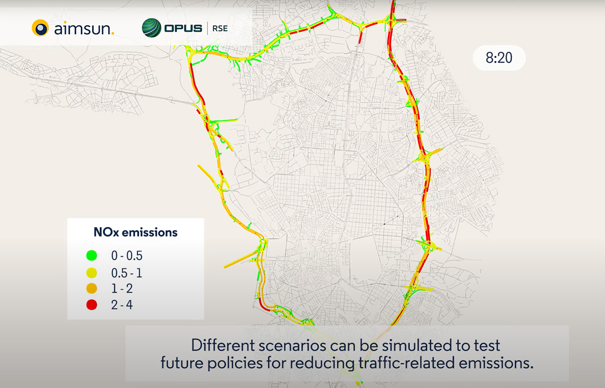 Opus partnered with Aimsum as part of the EU C-Roads project, with the goal of modeling traffic emissions on Madrid’s busiest road, the M30.