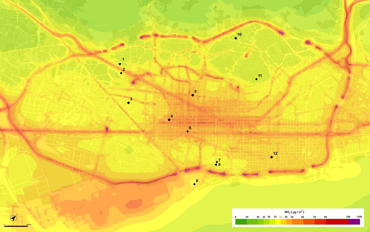 Map of Barcelona with vehicle emissions measurements